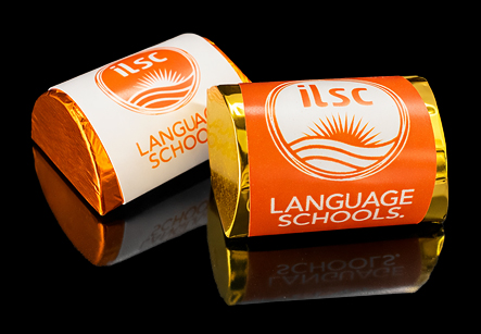 Lunitas de chocolate empresarial con etiqueta y logo corporativo 